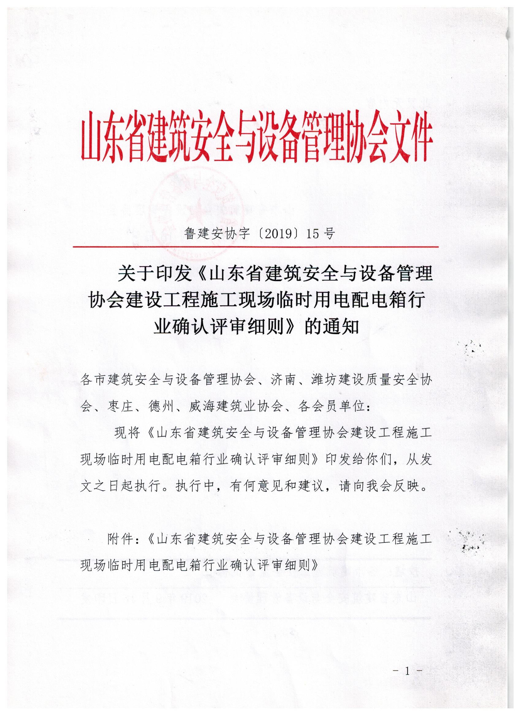 关于印发《山东省建筑安全与设备管理协会建设工程施工现场临时用电配电箱行业确认评审细则》的通知