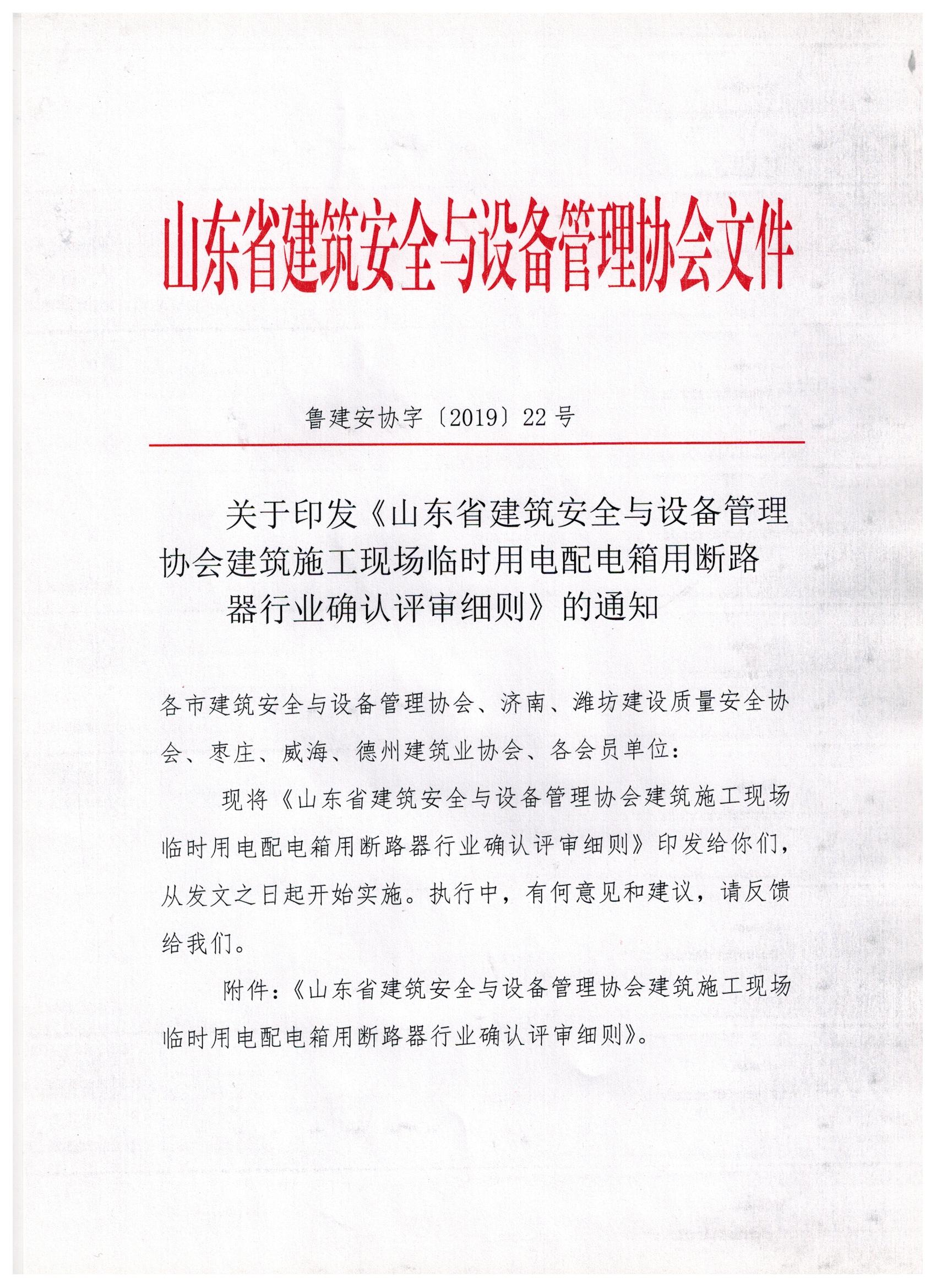 关于印发《山东省建筑安全与设备管理协会建筑施工现场临时用电配电箱用断路器行业确认评审细则》的通知