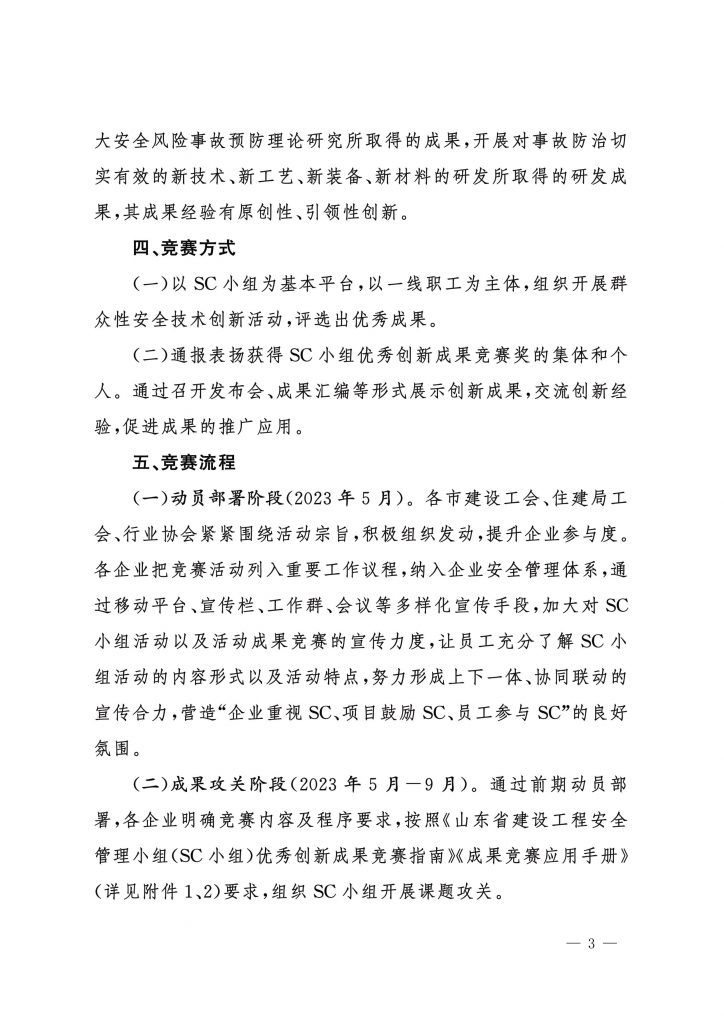 关于开展山东省建设工程安全管理小组(SC小组)优秀创新成果竞赛的通知