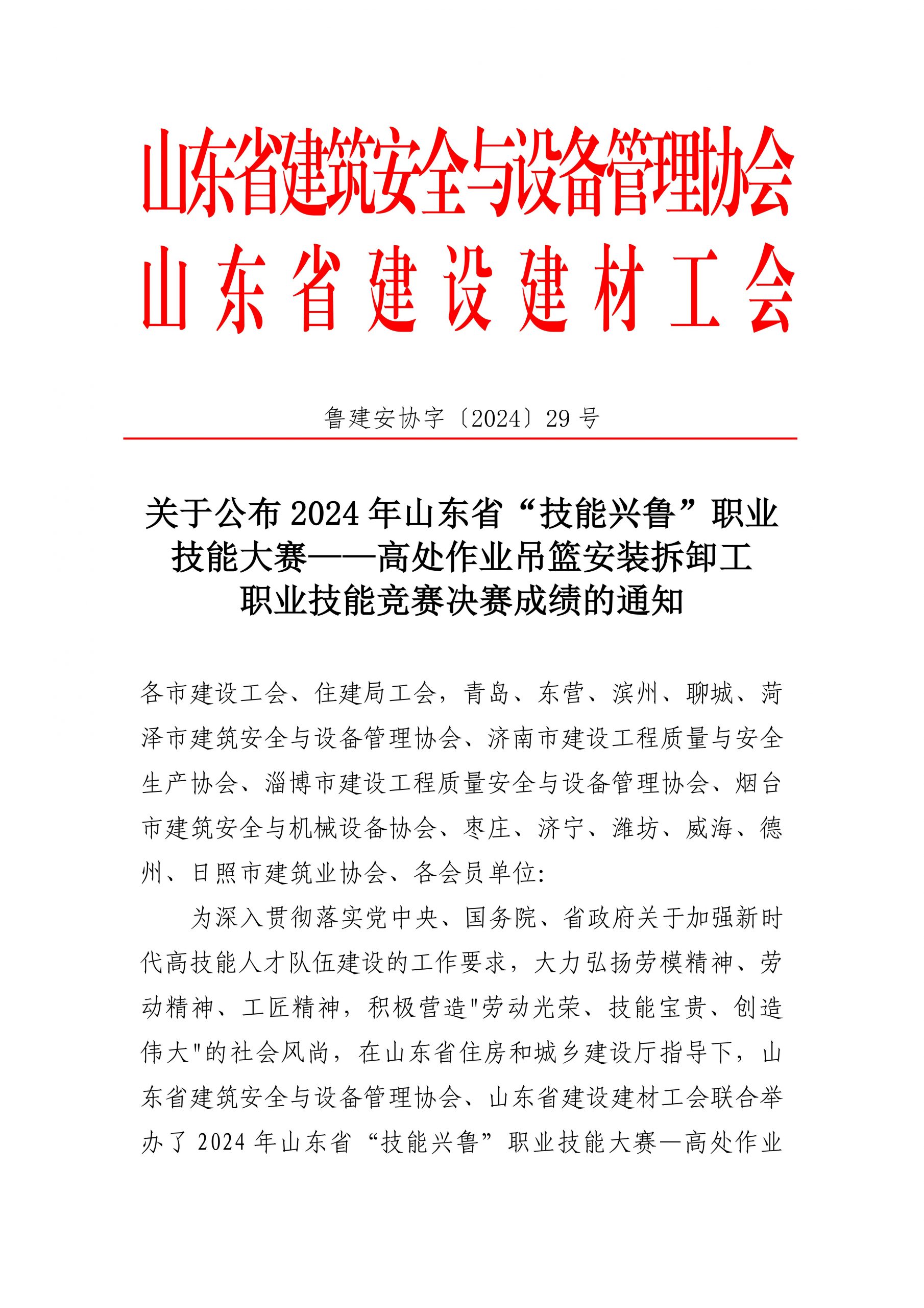 关于公布2024年山东省“技能兴鲁”职业技能大赛——高处作业吊篮安装拆卸工职业技能竞赛决赛成绩的通知